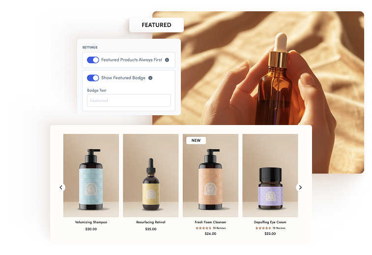 Shopify product collection showing featured product functionality and customizable badges