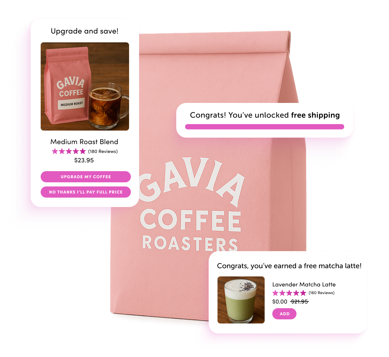 Gavia coffee bag showcasing Rebuy Merchandising Widgets features