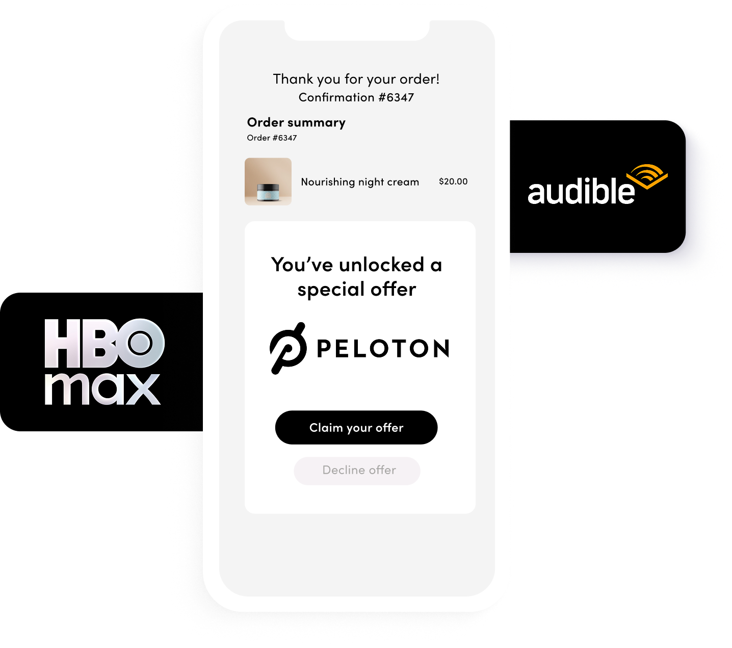 iPhone showing Rebuy Monetize post purchase offers from HBO Max, Peloton, and Audible
