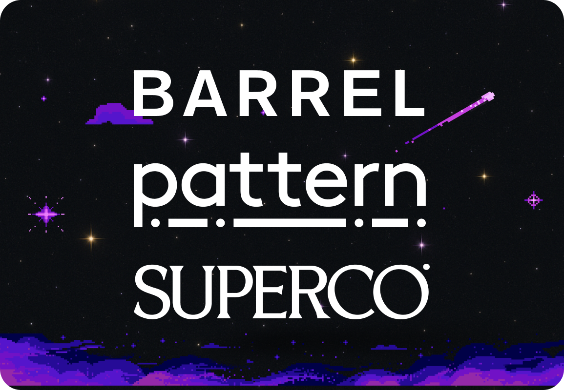 Logos for Barrel, Pattern, and Superco in a space background